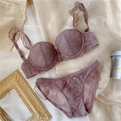 2 Pieces Sexy Lace Bra Set Women Embroidery Underwear BC Cup Padding Push Up Brassiere Comfortable Lingerie Panties Intimates
