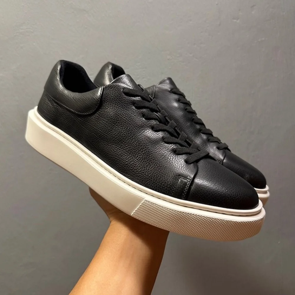 

QHCCID Men's Casual Cowhide Leather Shoes Spring Autumn Fashion Pure Color Simple Match Black Sport Shoes for Men