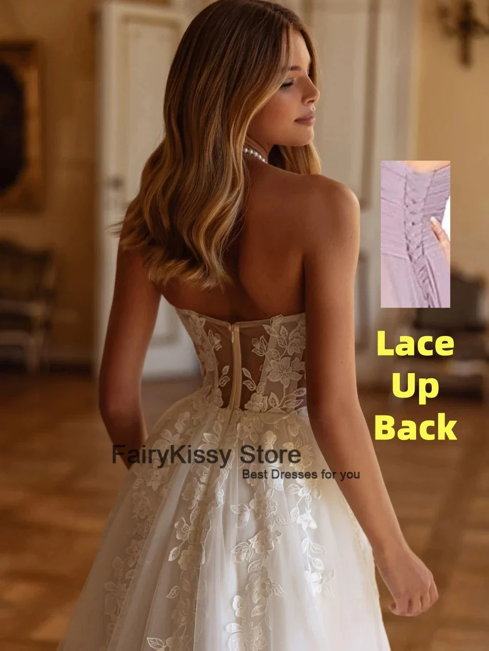 ชุดแต่งงาน FairyKissy รุ่นคลาสสิค ทรงสวีทฮาร์ท เซ็กซี่ แขนกุด เปิดหลัง ประดับลูกไม้ ทรงเอไลน์ ชุดเจ้าสาว Vestidos De Novia