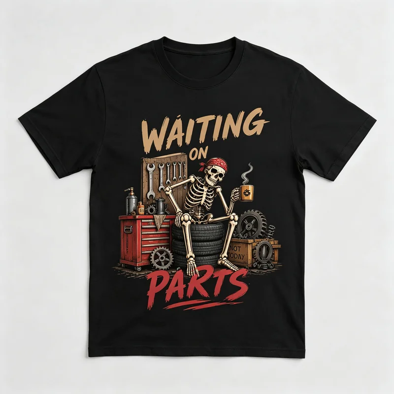 Waiting on Parts Funny Garage Humour Mechanic Skeleton Meme T Shirt Casual Cotton Short Sleeve Funny Sarcastic Tee Y2k Harajuku