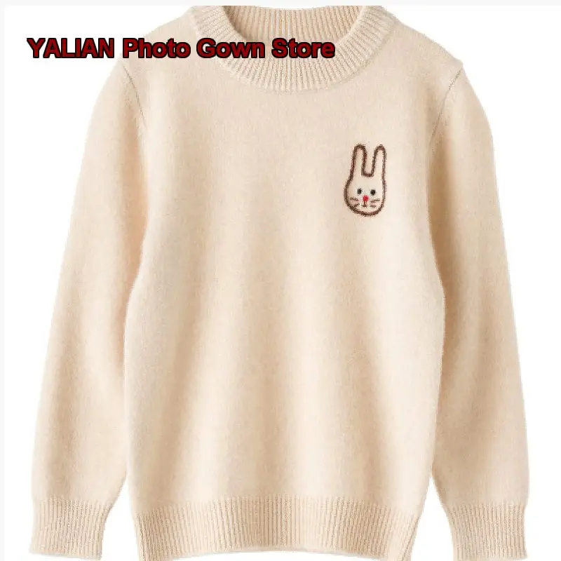 Girls Turtleneck Sweater Kids Boys Autumn Winter Half High Neck Rabbit Embroidery Cashmere Sweater Thickened