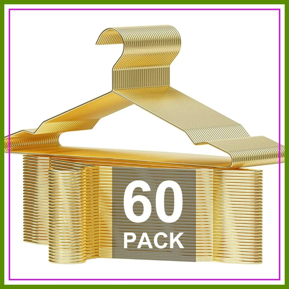 

60 Pack Gold Metal Clothes Hangers with Notches, Heavy Duty for Coats, Shirts, Suits, Pants, Space-Saving