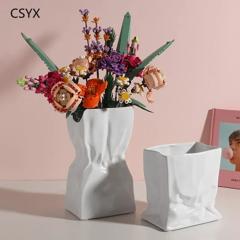 Pleated White Ceramic Vase Ornament, Living Room TV Cabinet Flower Arrangement Creative Home Vase Ornament