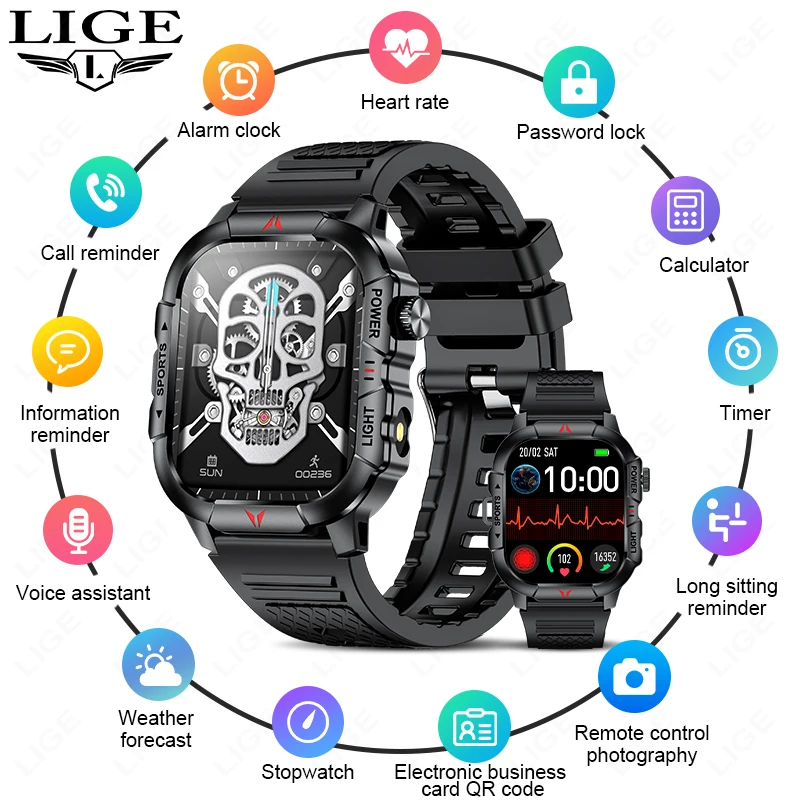 LIGE Smart Watch LED Flashlight Men Waterproof Watches 2.01-inch HD Screen Health Bracelet Military Outdoor Sport Smartwatch Man