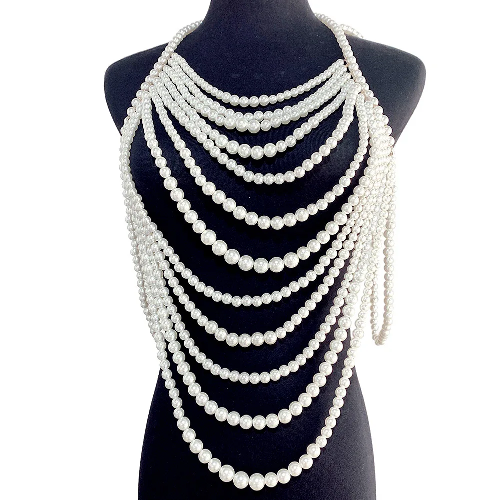 Women Sexy Pearl Bodychains Body Jewelry  Decoration For Dress Or TopMulti Layer Hyperbole Tassel Beads Long Necklace Set