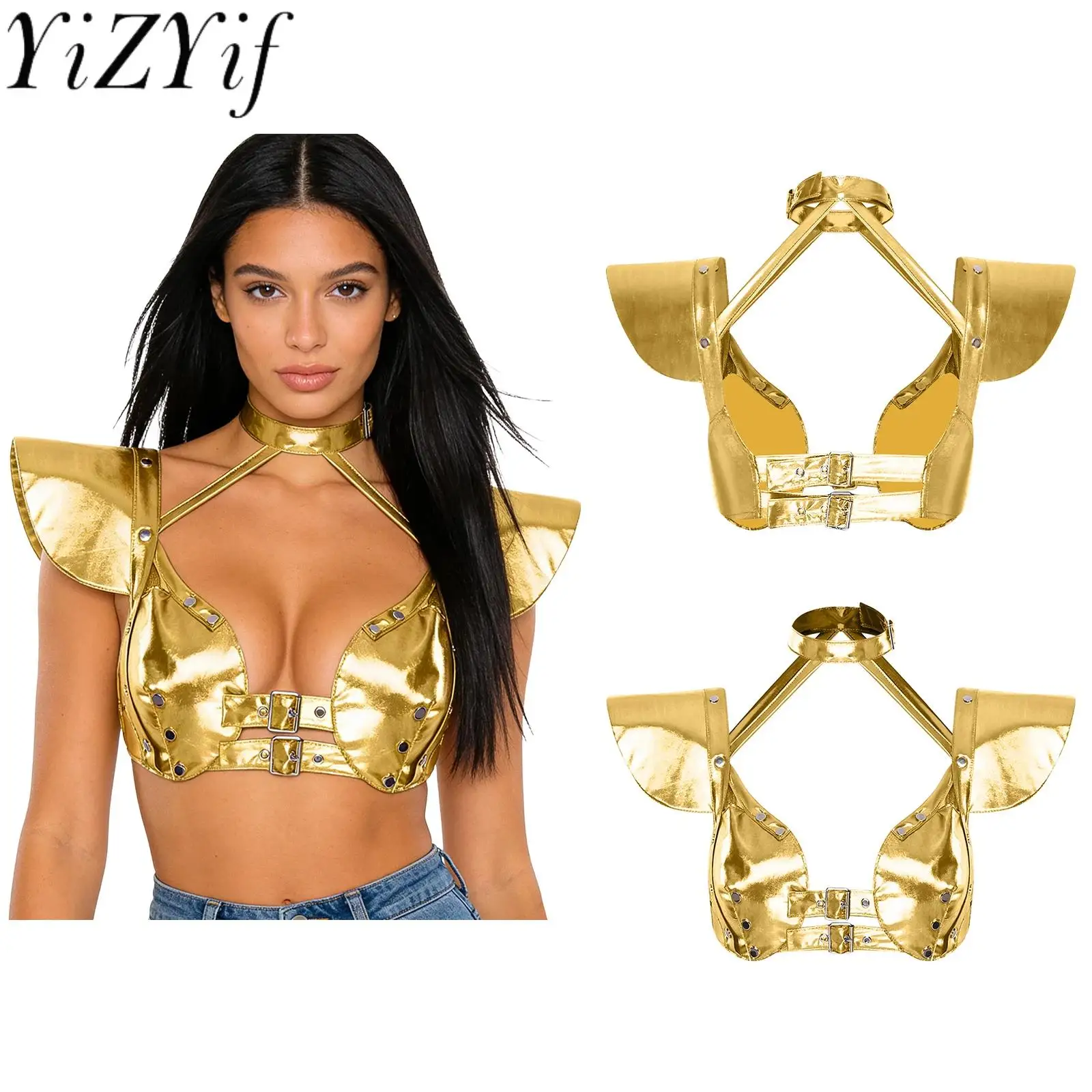 

Women Fashion Gothic Crop Top Halter Fly Sleeve Adjustable Buckles Corset Bustiers Top Shoulder Armor Party Musical Clubwear