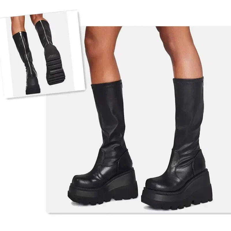 Botas de plataforma Punk para mujer, botas elásticas de microfibra con tacón grueso a media pantorrilla para mujer, zapatos góticos negros de marca