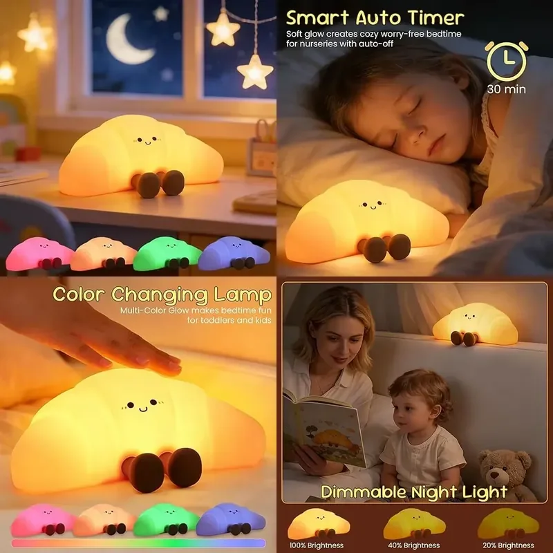 Croissant LED Night Light 7 Color Changing Soft Silicone Rechargeable Bedside Lamp with Timer for Kids Room Decor
