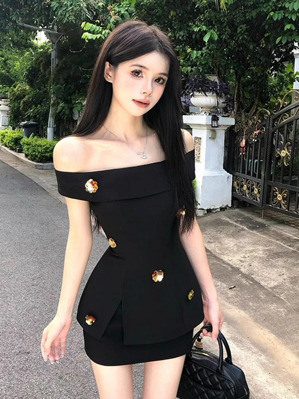 

Pure Desire High-End oulder Baring Top ort Skirt Set Women's Design Svel Vest Skirt Summer Faion Ensemble