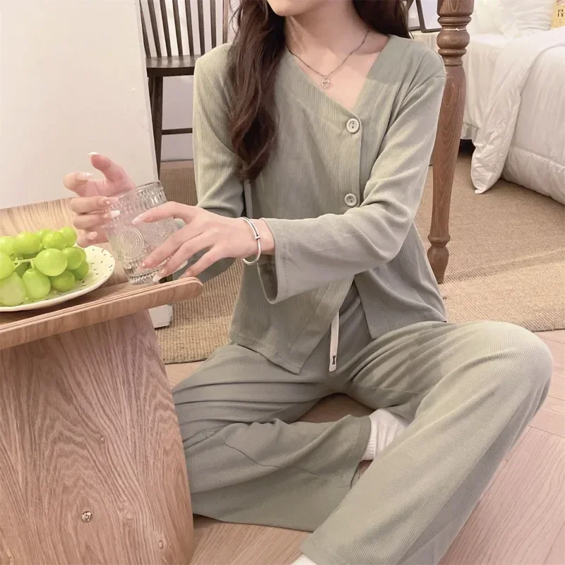 Spring and Autumn 2024New Long Sleeve Sweet Princess Fallow Dormitory A Loungewear Set Comfort Solid Color Cotton Pajamas Female