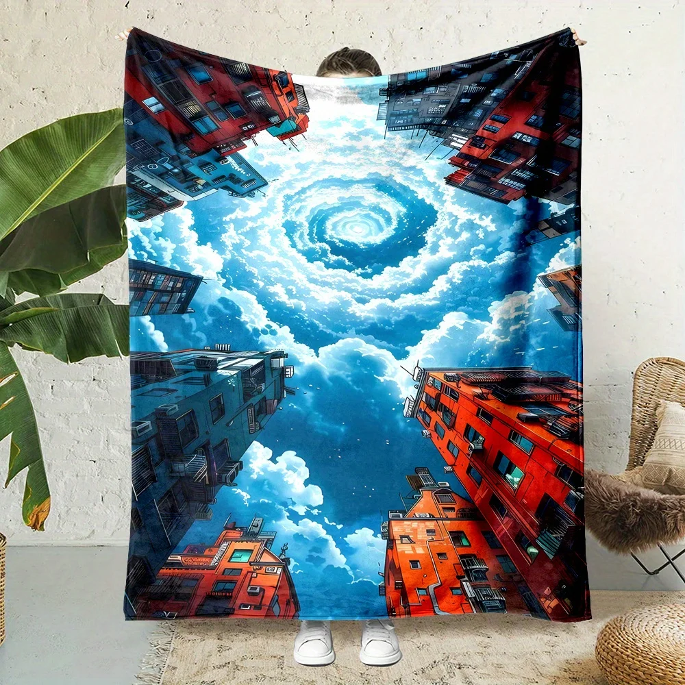 

Contemporary Flannel Throw Blanket - Mixed Color Digital Print with Cartoon Sky and Clouds - Reversible, All-Season, Non-Woven