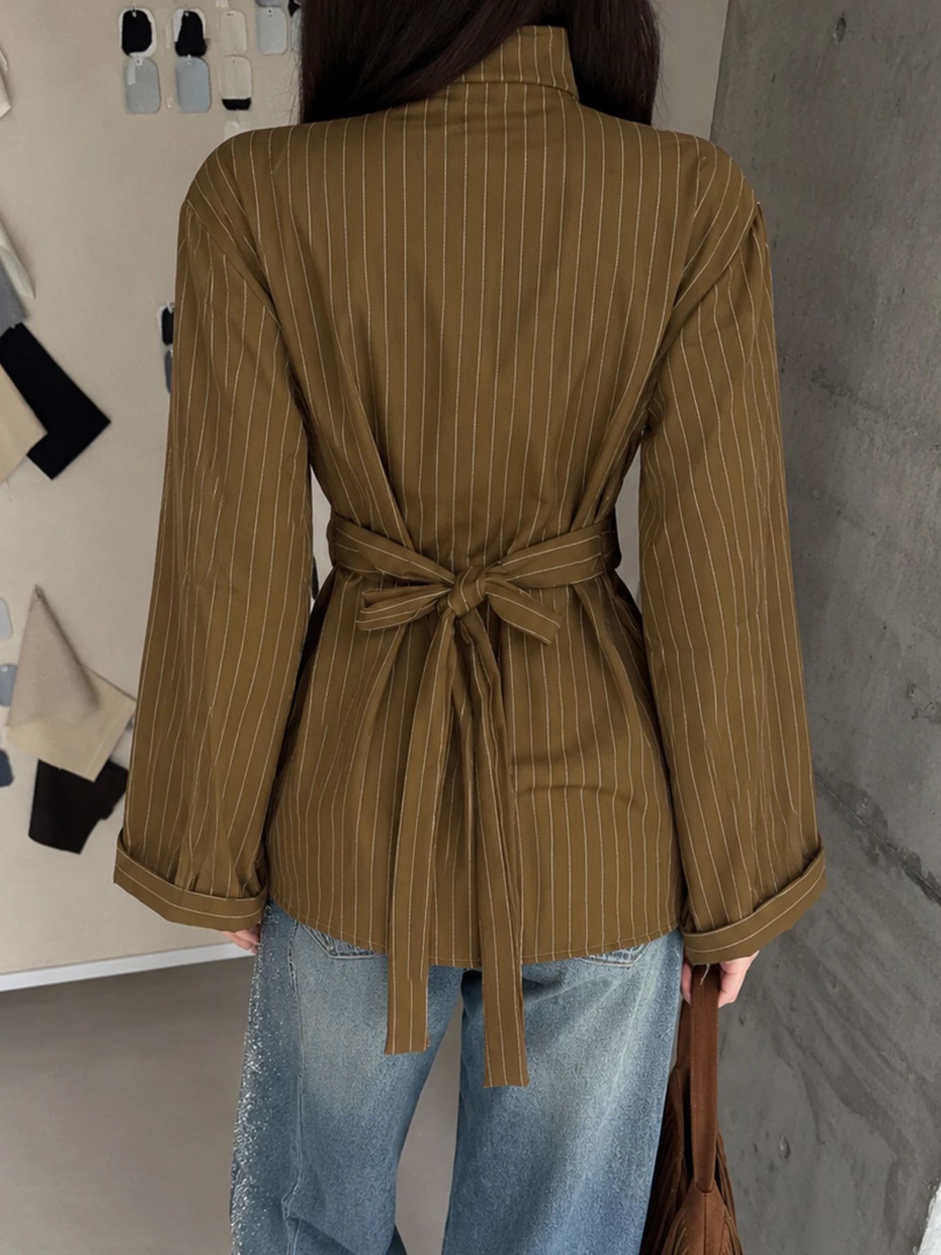 Ladies Harajuku High Neck Striped Shirt Aesthetics Asymmetrical Button Design Back Self Tie Waist Long Sleeve Slim Office Blouse