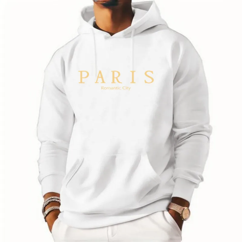 PARIS Romantic City Print, Sweatshirt With Long Sleeves, Men\'s Creative Slightly Flex hooded Pullover For Spring Fall And Winter