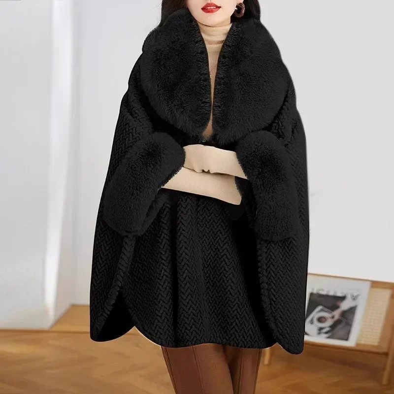 6 Colors Winter Warm Velvet Striped Poncho Cape Batwing Sleeves Loose Cloak Women Faux Rabbit Fur Collar Big Pendulum Coat