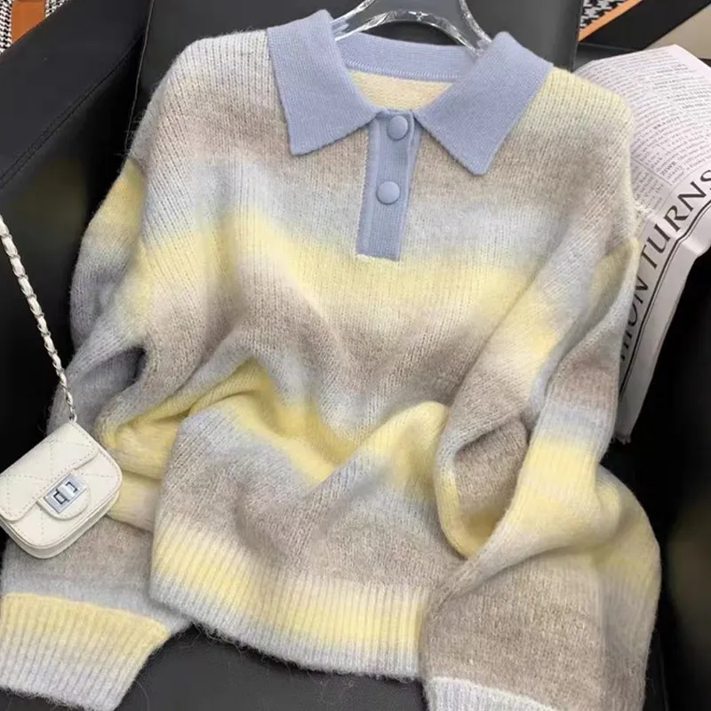 Women Spring Autumn Gradient Lapel Knit Sweater Soft Fuzzy Pullover Tops New Fall Winter Versatile Knit Outerwear