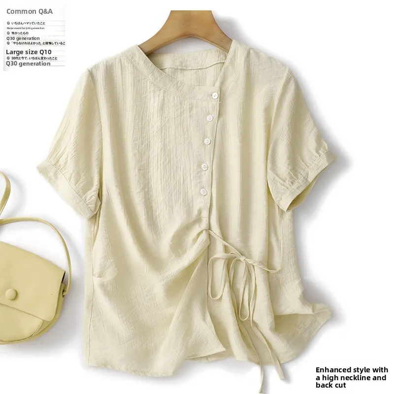 

Quality Texture Sensation Women's Shirt Summer Thin Short Sleeve Pure Color T-Shirt Loose Fit Cotton Linen Blend Breathable