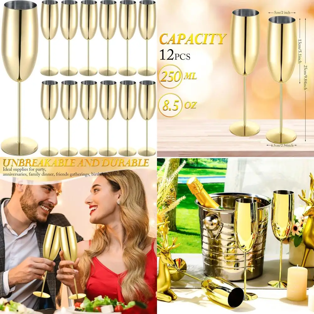 

Stainless Steel Champagne Flutes, 12 Pack, 8.5 oz, Gold Stemmed Glasses for Weddings & Parties
