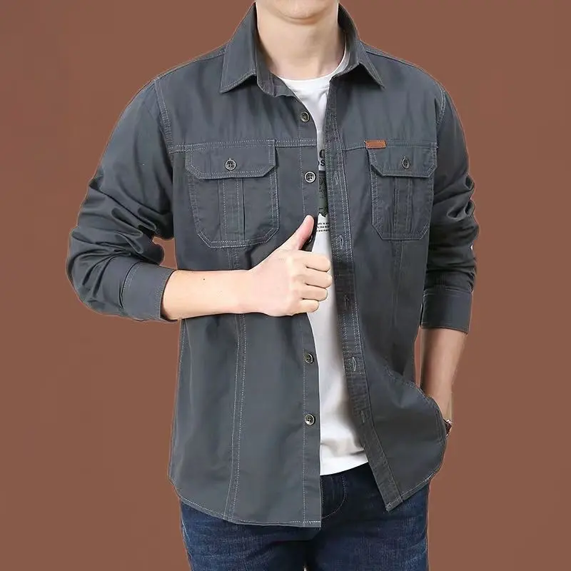 Outdoor Large Size Pocket Long Sleeve Shirt Coat Spring Autumn Business Casual Loose Men Chic Solid Color All-match Shirt Jacket