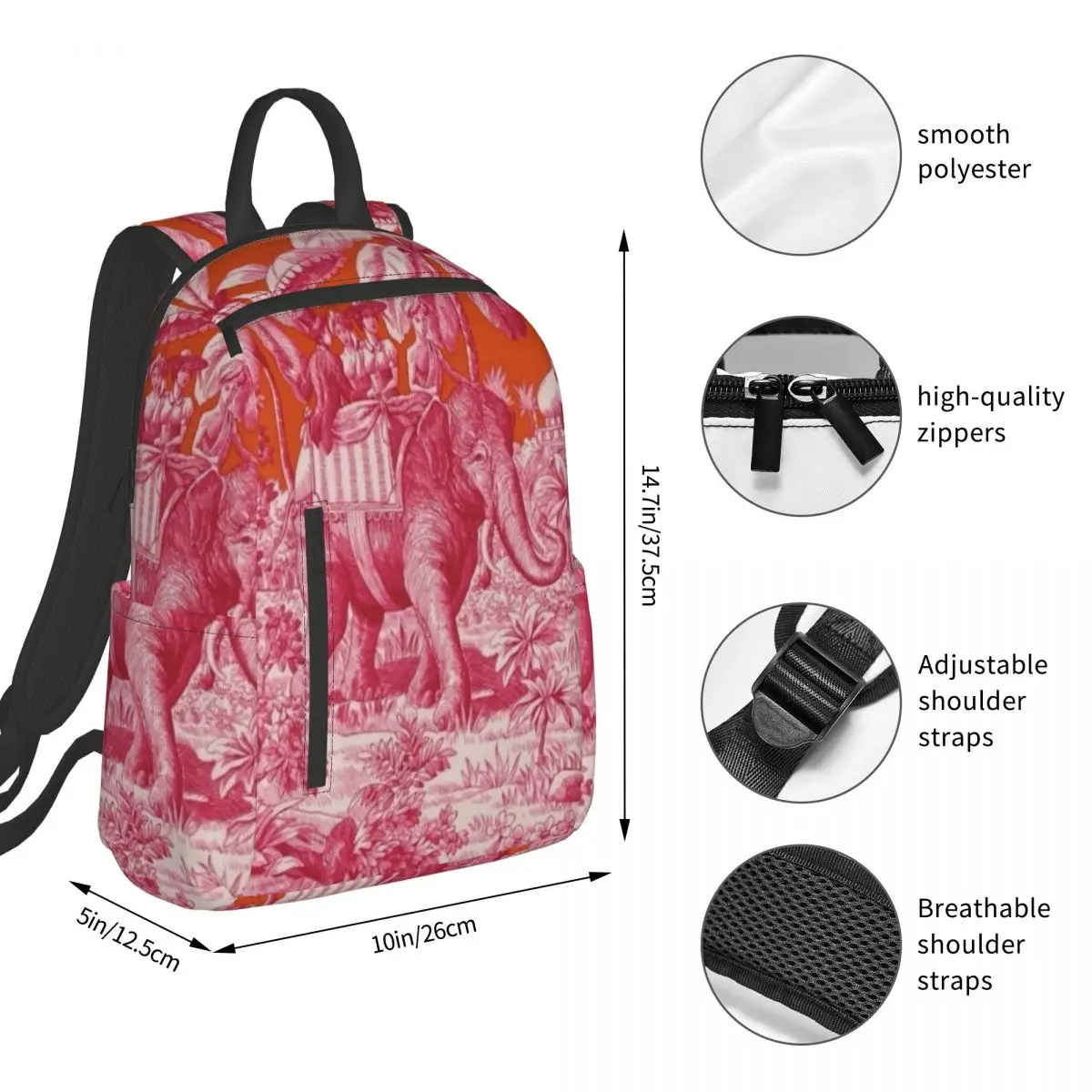 Toile De Jouy - Pink And Orange Backpack Student BookBag Boys Girls School Bag Laptop Shoulder Bags Men Women