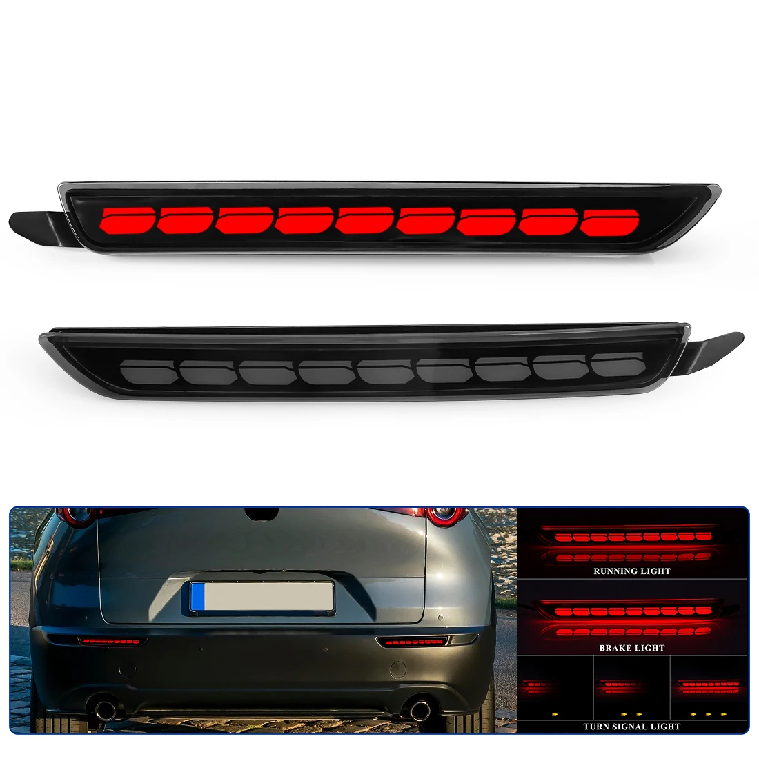 

For Mazda CX-30 CX30 CX50 CX-50 2020 2021 2022 Danamic Turn Signal Brake Warning Drving Lamp Car Rear Bumper Reflector Light 12V
