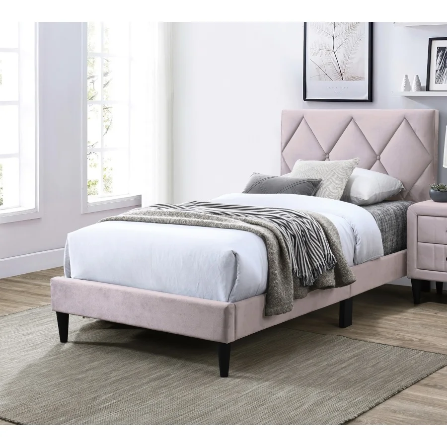 Twin Size Bed w Adjustable Headboard 1pc Bedframe, Light Pink Velvet Upholstered Youth Bedroom Furniture Space Saving