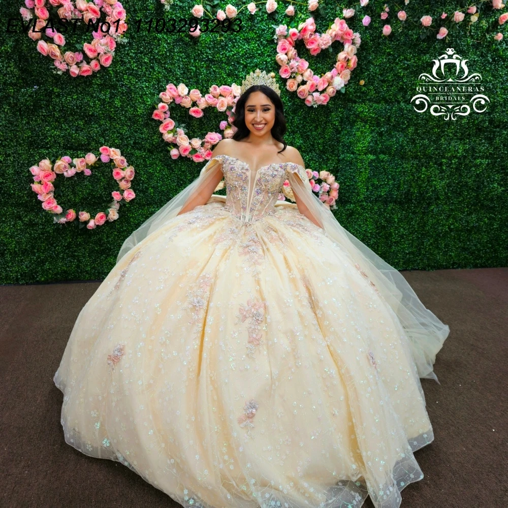 

EVLAST Customized Glitter Champagne Quinceanera Dress Ball Gown Shiny Applique Beading Bow Sweet 16 Vestidos De 15 Anos E1QN667
