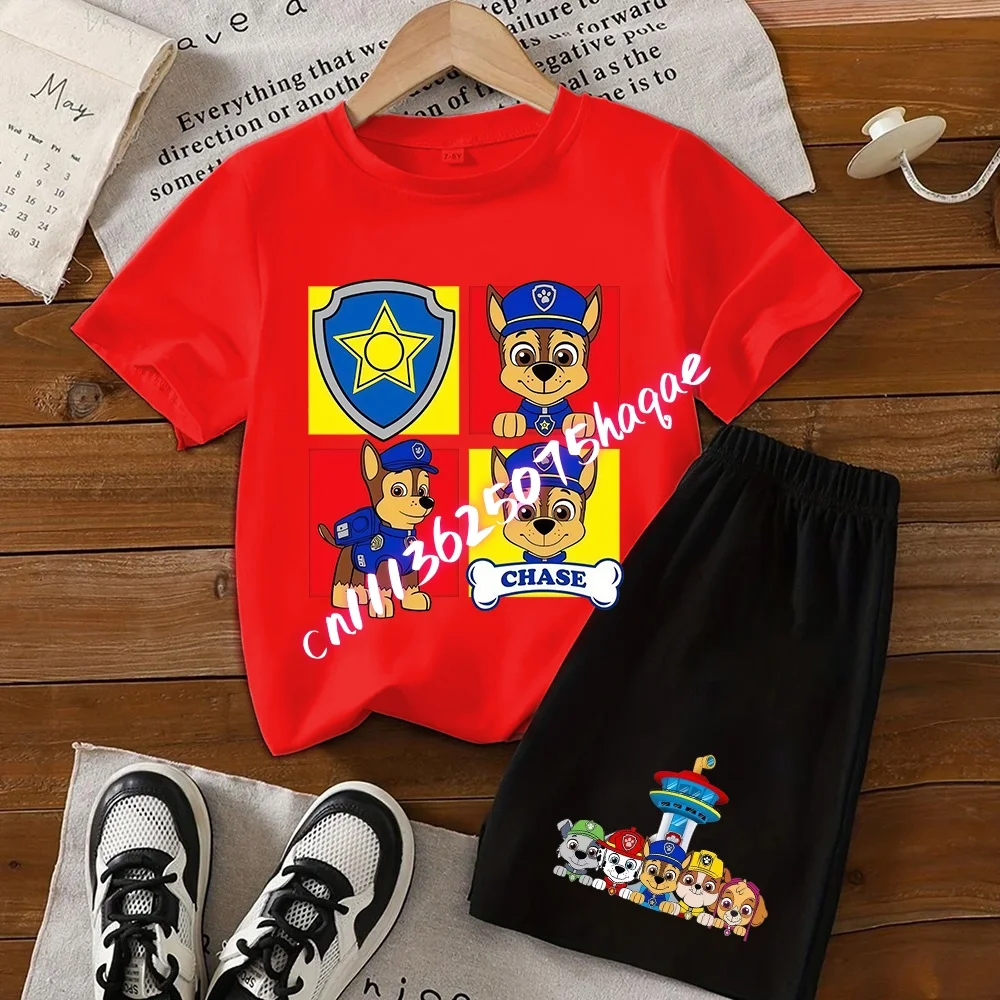 Summer Kids Chase T-shirt Set Boys and Girl Clothing Leisure Paw PatrolShort Sleeve Preschool 3-12 Cartoon Animal Print