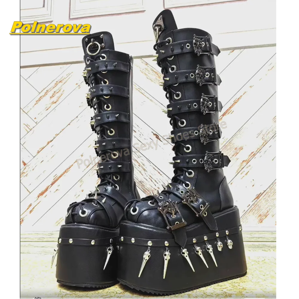 Y2K Punk Tall Platform Knee High Boots Skull Metal Spike Bird Charms Multi Strap Buckle Gothic Boots 2026 New Arrivals Trend