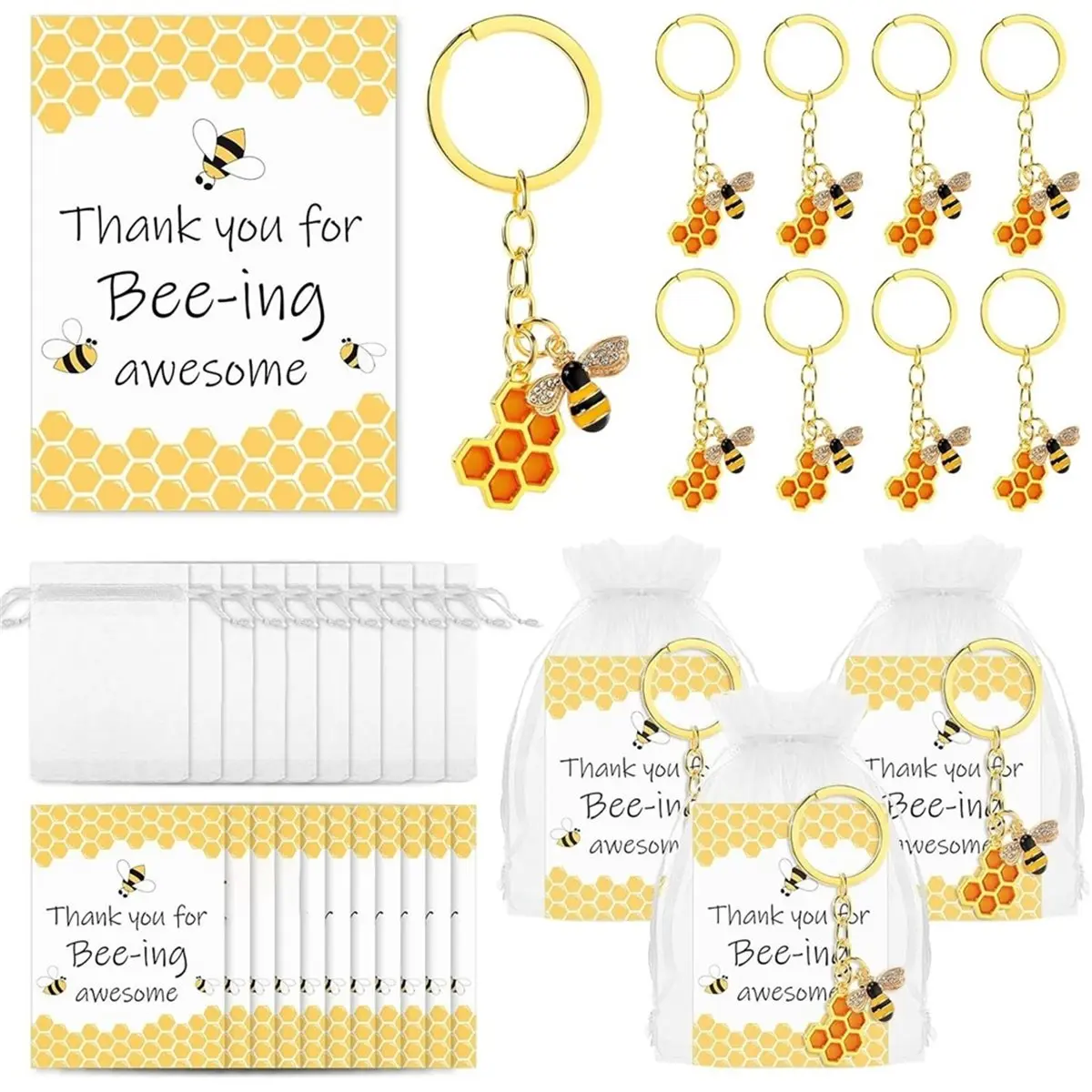 2026 New 50sets Graduation Season Thank-You Gift, Bee Keychain, with Thank-You Card and Transparent Gauze Bag, Giving to Friends