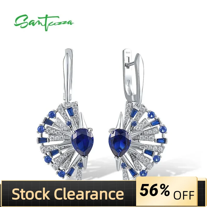

SANTUZZA Genuine 925 Sterling Silver Earrings For Women Blue Spinel White CZ Fan Shape Drop Party Gifts Delicate Fine Jewelry