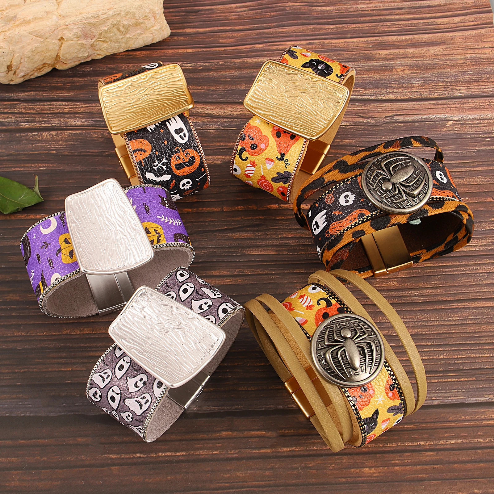 

Amorcome Fashion Irregular Graffiti Leather Bracelet for Women Single layer Magnetic Buckle Wide Bracelet Halloween Jewelry Gift