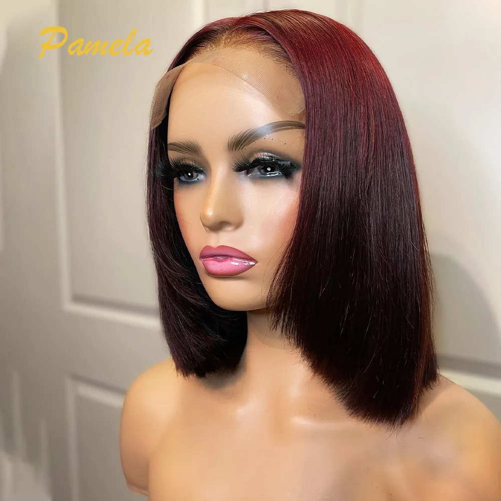 Short Bob Bone Straight 9x6 Transparent Lace Closure Wig Ombre 1b Burgundy Blonde Colored Human Hair Glueless Wig Ready To Wear