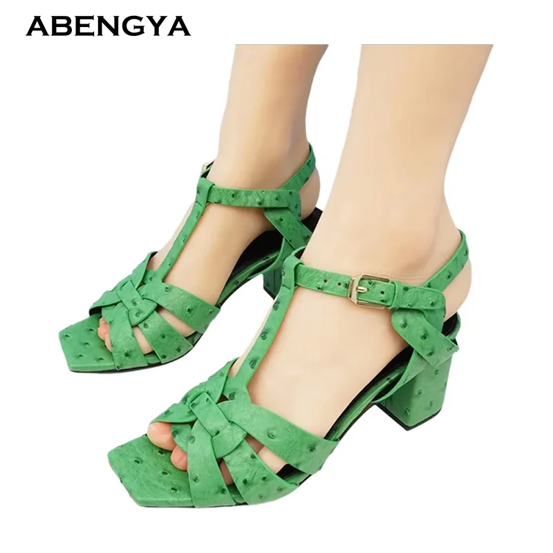 Summer Cross Weave Leather Gladiator Sandals Women Square Toe Chunky Heel Dress Shoes Designer Fashion Party Wedding Shoes Women