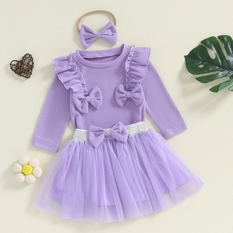 Toddler Girl Sweater and Skirt Outfit Waffle Knit Shirt Solid Color Ruffle Trim Tops Mesh Tulle Skirt Headband Set