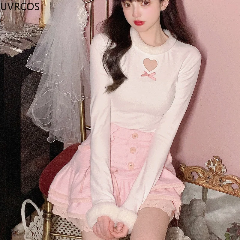 Japanese Kawaii Lolita Mini Skirt Women Winter Lace Casual Elegant Sweet Female Skirt High Waist Bandage Korean Y2k Skirts 2022