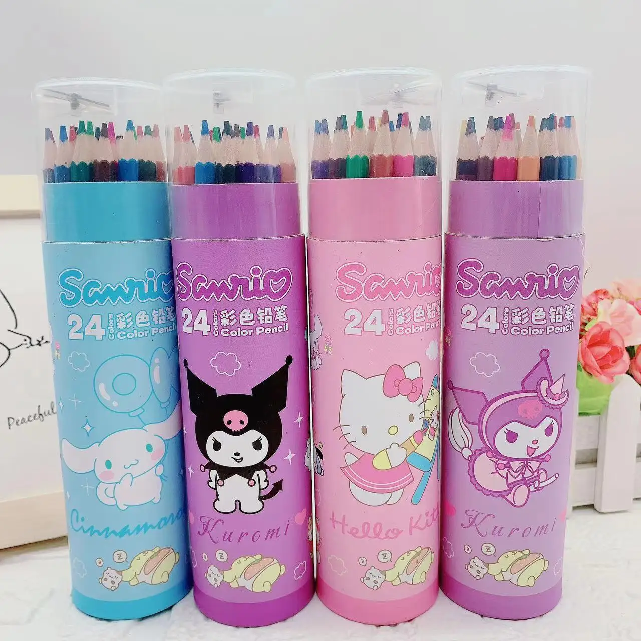 Hello Kitty 24 Color Graffiti Pen Sanrio Art Drawing Pencilsharpener Wooden colour Pencil School Stationery Children'S Gift Toy