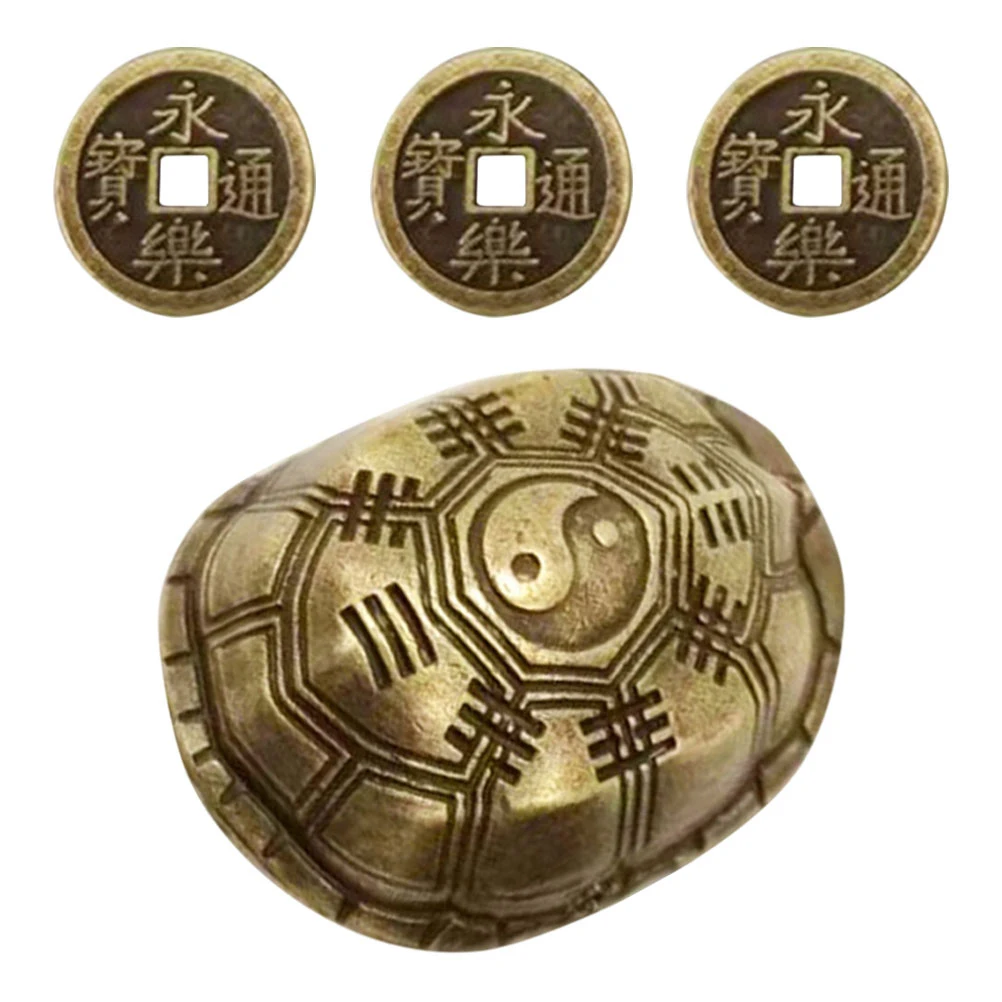 

1 Set Of Brass Turtle Shell Craft Vintage Desk Ornament Handmade Chinese Decor Sculpture Fortune Divination Game Props Metal