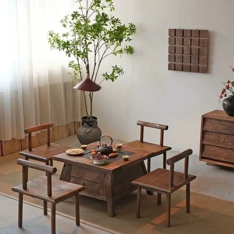 Old Elm Tea Table and Chair Set with Enclosure Fire Pit Solid Wood Chinese Style Wabi Sabi Weathered Door Panel Design for