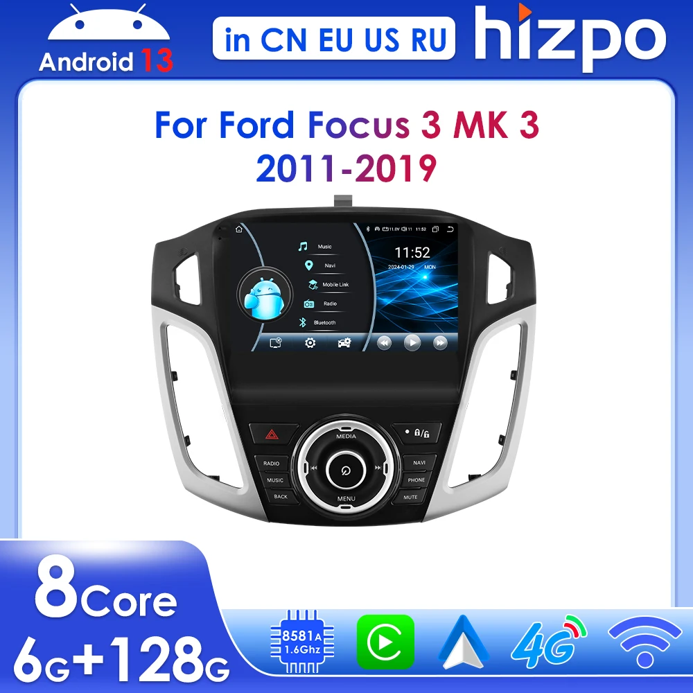 

Hizpo Wireless Carplay Stereo Navigation GPS for Ford Focus 3 MK3 2011 - 2019 Android 13 Car Radio Multimedia Player 9" DSP 2din