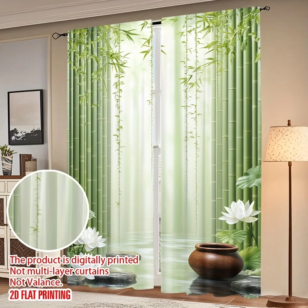 2PCS Digital Printed Curtains, Bamboo Forest Lotus Flower Zen Botanical, Window Curtains for Living Room Bedroom Home Decoration