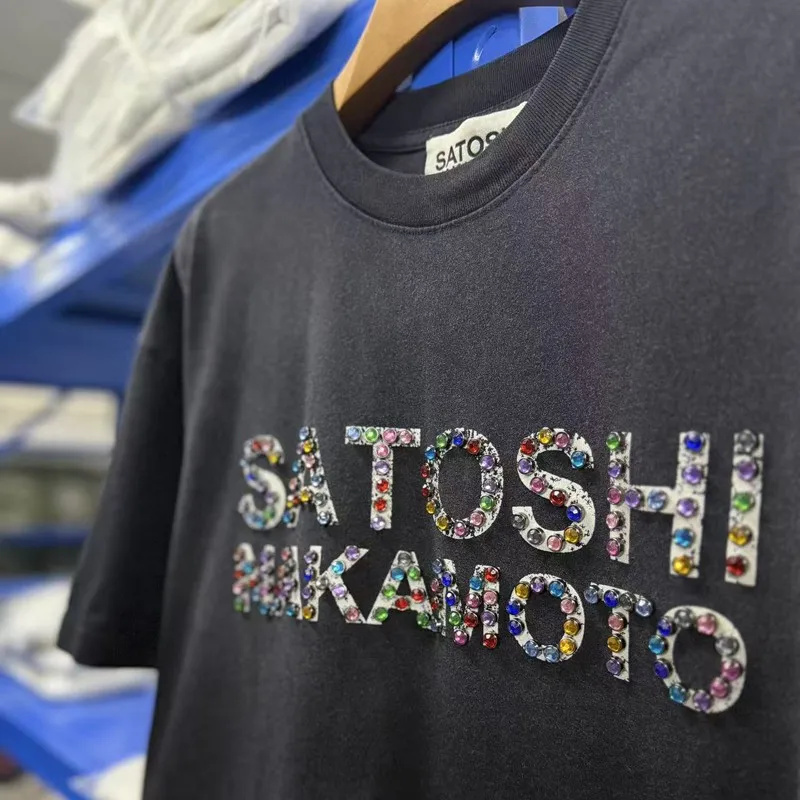 Colorful Studded Logo SATOSHI Tshirts Retro Washed Black Summer Streetwear Casual Loose Round Neck Short Sleeve Men Women Tops