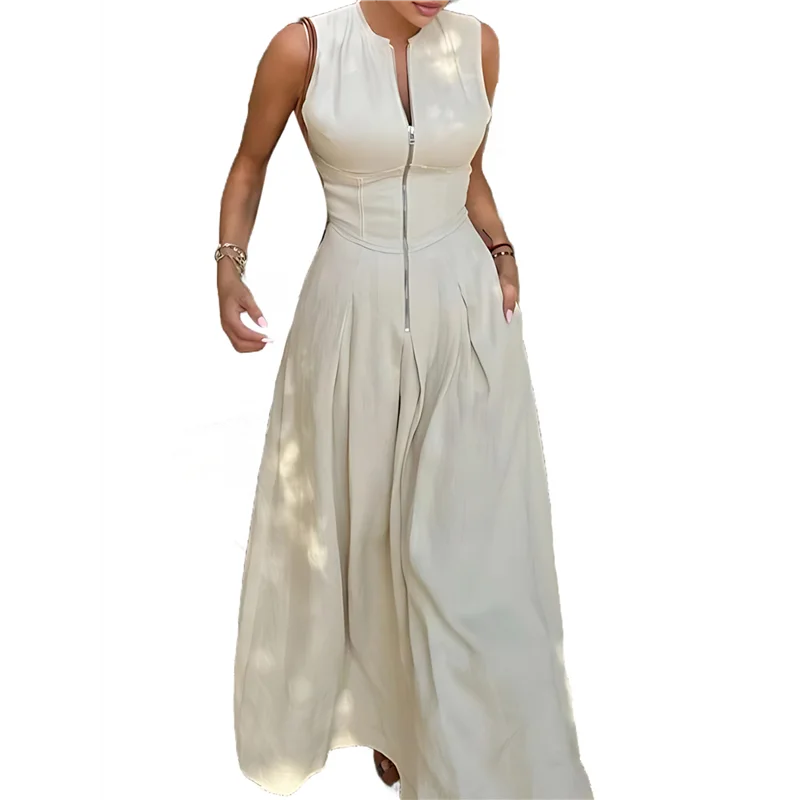 ABP-Womens Deep V Neck Zip Up Cap Sleeve Smocked Elastic Waist Split Summer Casual Midi Dress With Pockets