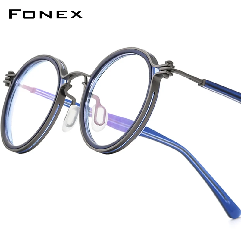 FONEX Acetate Alloy Glasses Frame Men Brand Design Retro Vintage Round Eyeglasses Women Korean Japanese Screwless Eyewear 1024