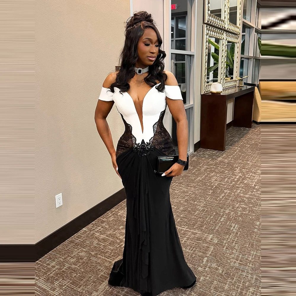 

Off The Shoulder Satin Mermaid Evening Dress Sexy Deep V Lace Satin Formal Party Gowns Lace Appliques Pageant Prom Dresses