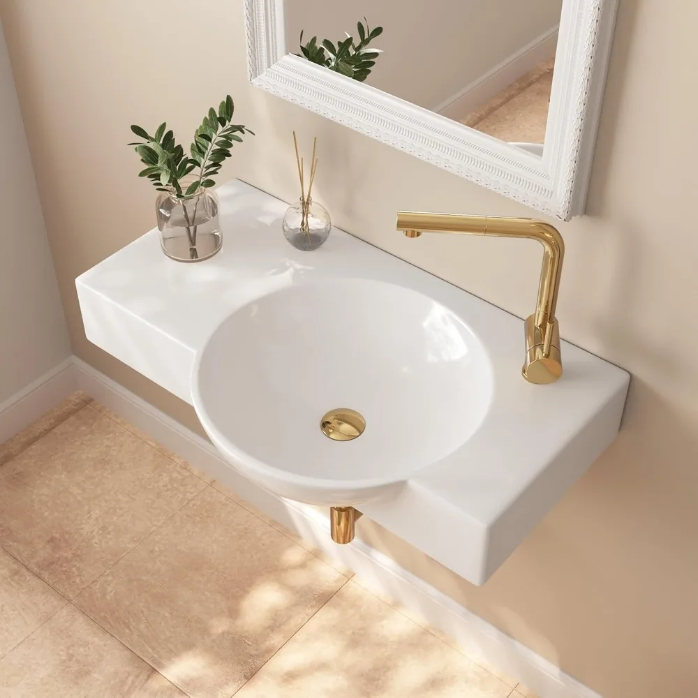 

Wall Mount Sink, 30" x 18" Bathroom Vessel Sink, White Ceramic Bathroom Wall Hung Sink with Right Side Faucet Mount