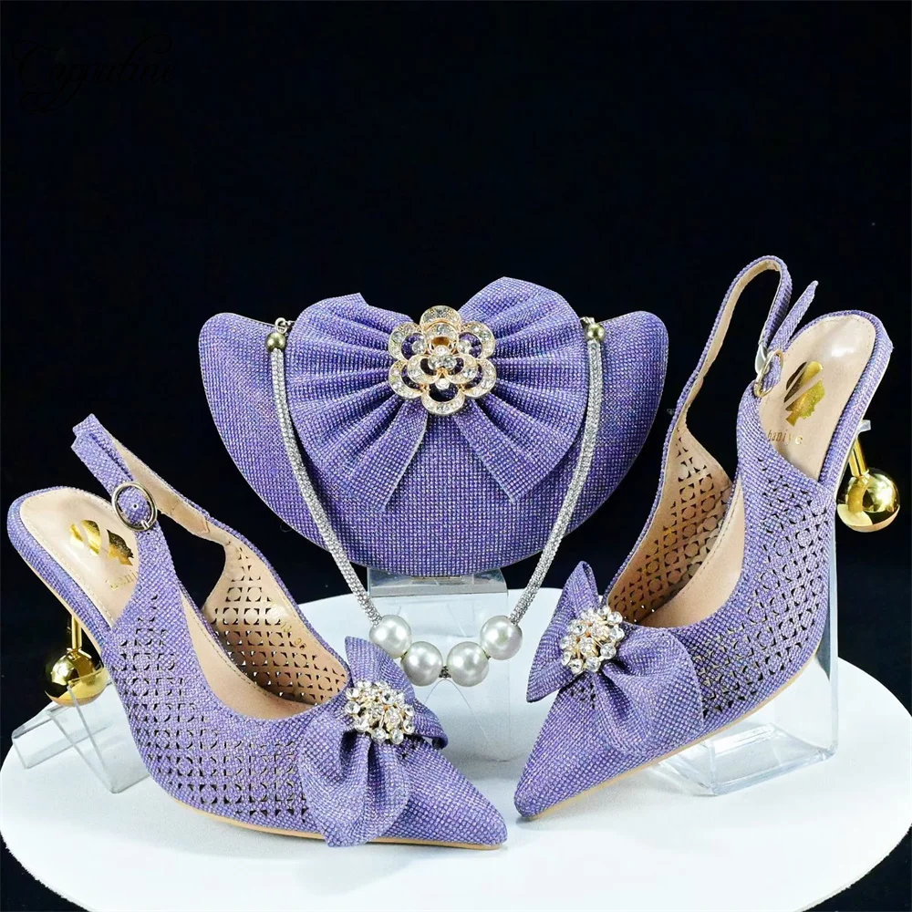 Purple Women Shoes And Bag Set African Ladies High Heels Pumps Match With Handbag Fashion Sandals Clutch Femmes Sandales GL32