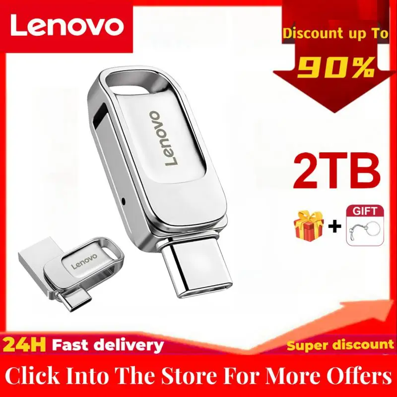 Lenovo-Drives Flash USB Originais, Pendrive Portátil, Memory Stick Tipo C à Prova D'Água, 2 em 1 Metal, Alta Velocidade, 2TB, Disco USB 3.0 U, OTG