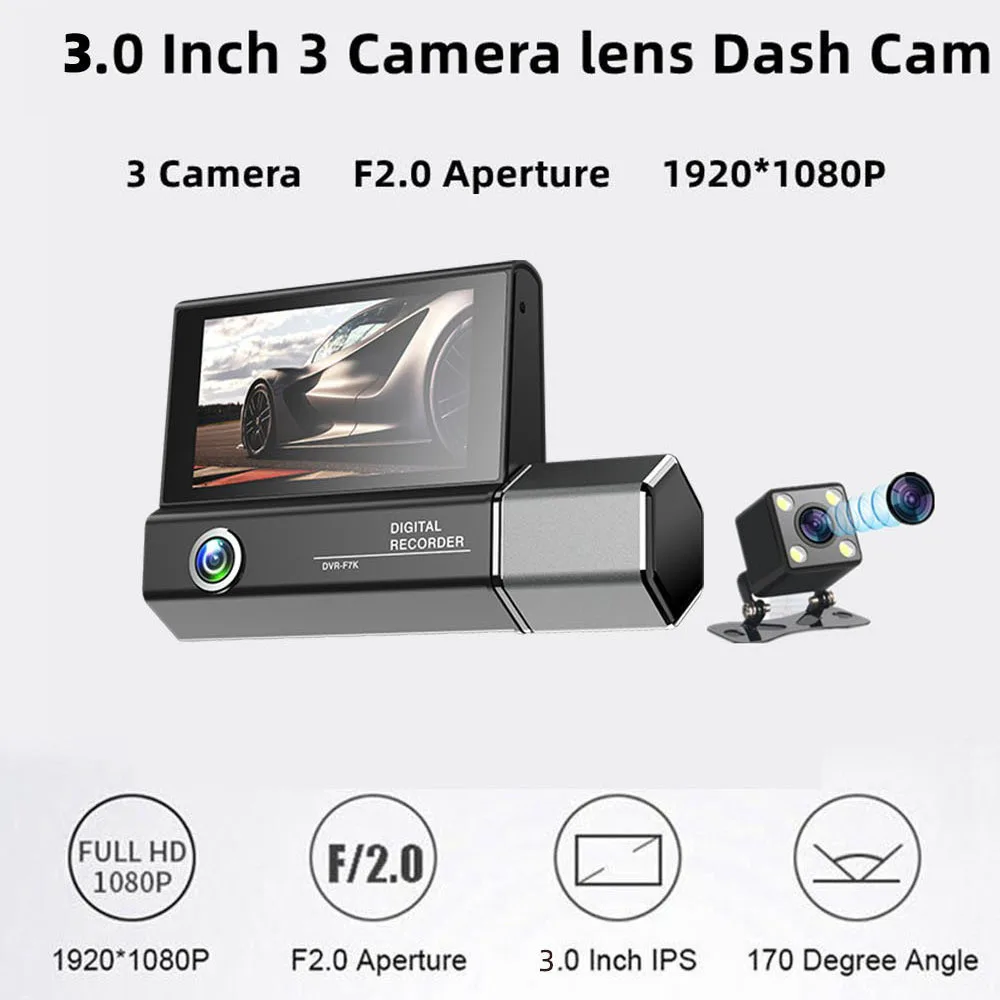 New 1080P 3-Channel Dash Cam, Triple Lens Front Inside Rear, 170° Wide Angle, HDR Night Vision, Loop Recording & G-Sensor