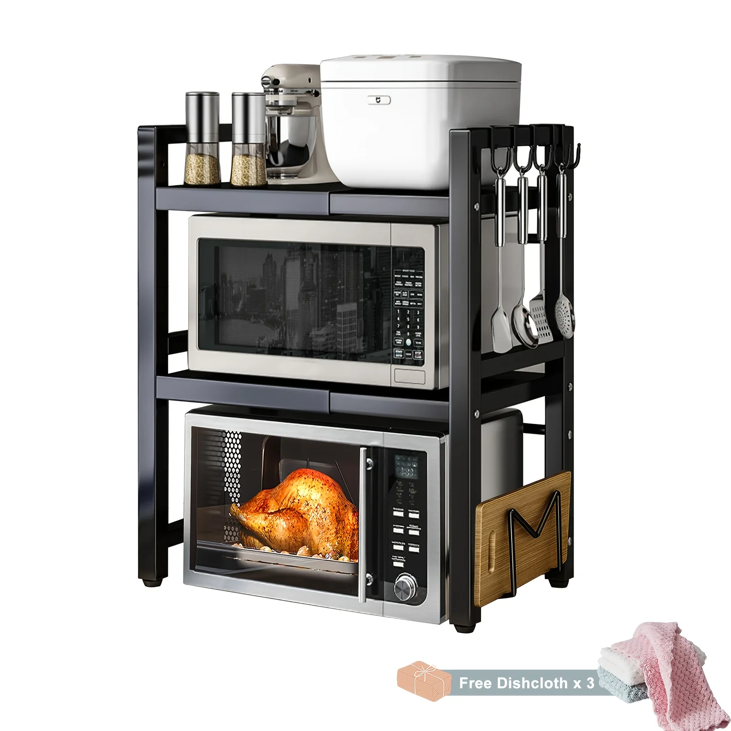 Devesanter Microwave Shelf 3-Tier Extendable Worktop Baker's Shelves With 6 Hooks, Kitchen Shelf, Spice Rack