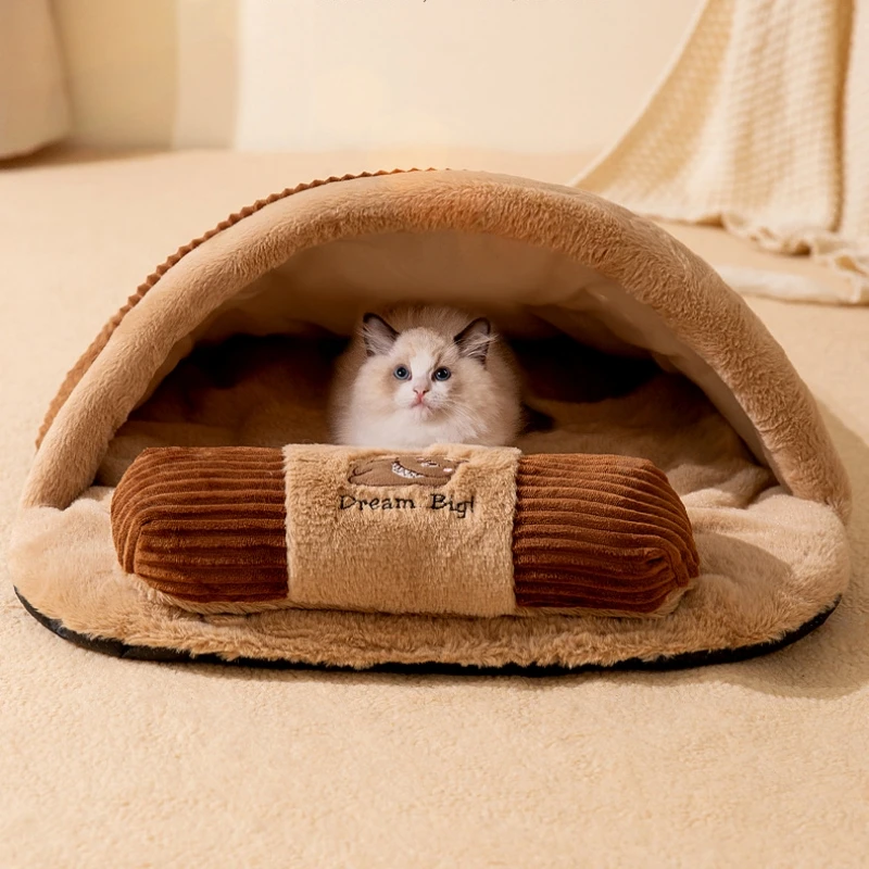 New Cat Bed Winter Removable Warm Half Closed Pet Sleeping Bag Dog Bed House Cats Nest Cushion with Pillow